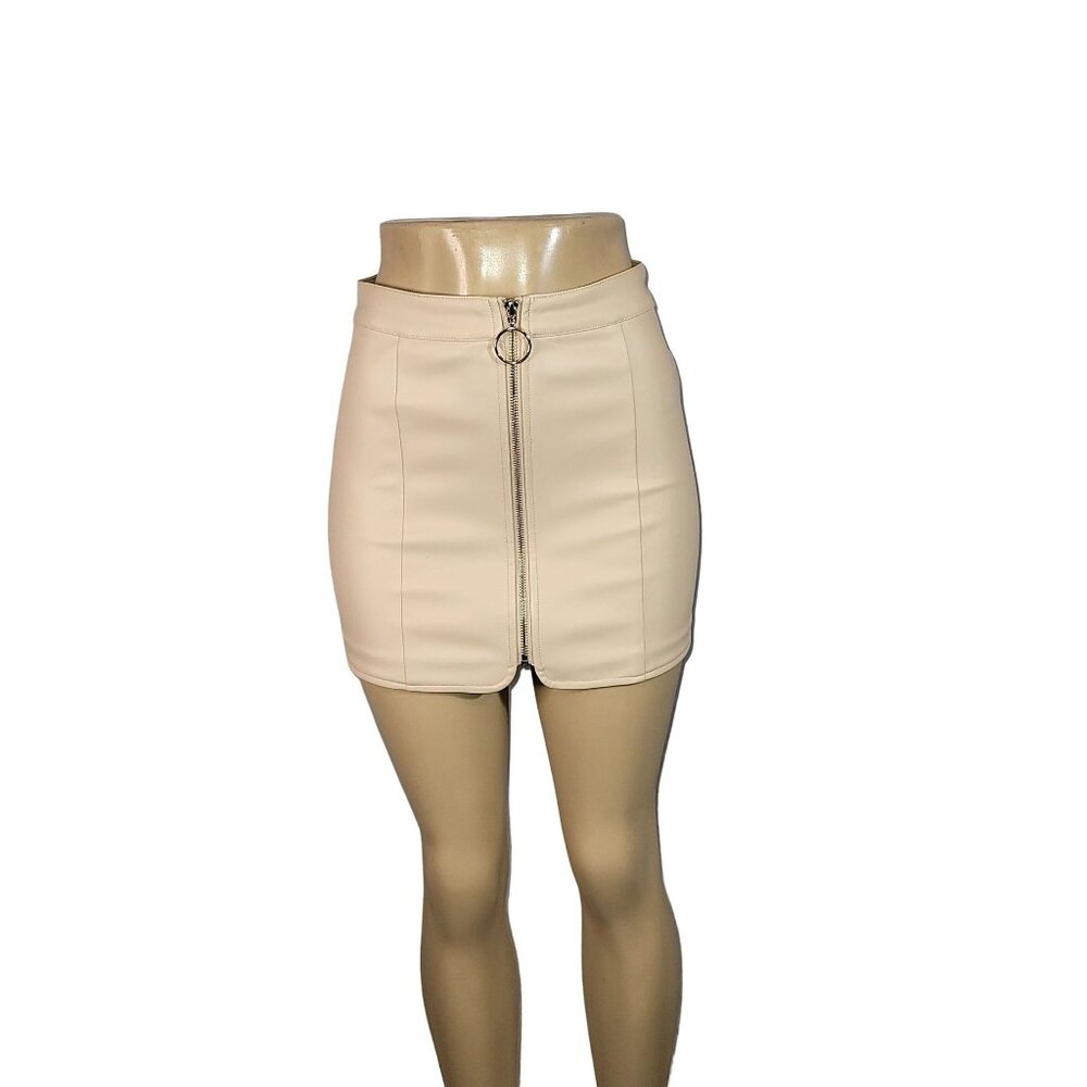 Women mini skirt nude full zipper synthetic leather